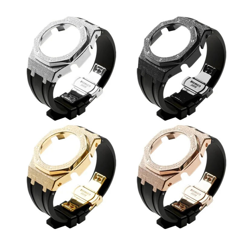 HMJ new luxury stainless steel metal case silicone watch strap kit for casio g sock ga2100