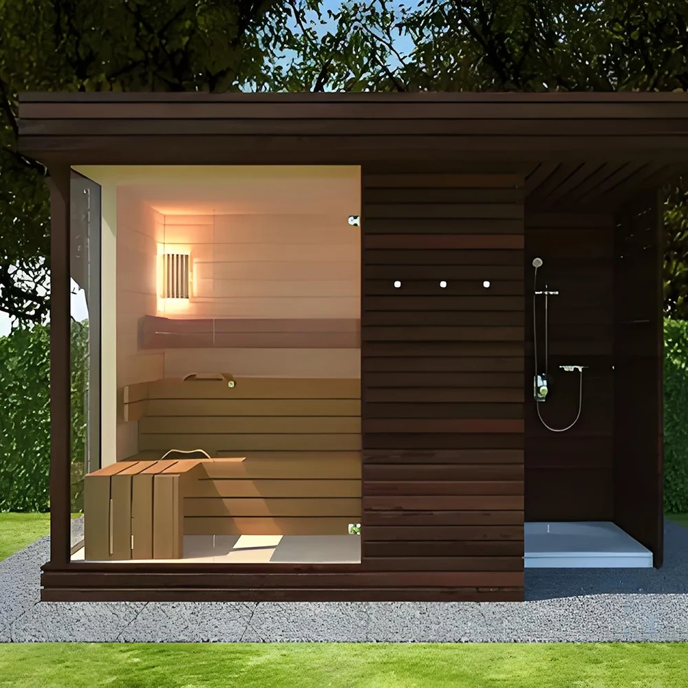 Square Outdoor Custom Sauna Room for Sale 2024 Hot New Design Panoramic Traditional Steam Sauna for 4 People Solid Wood
