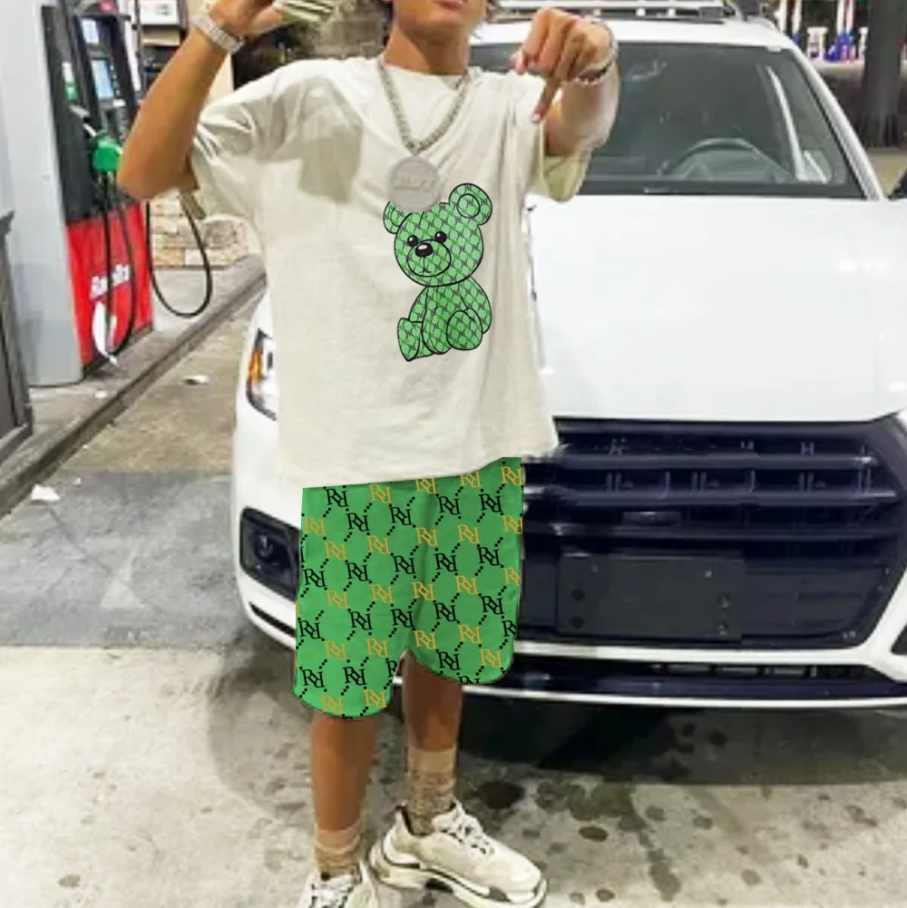 2022 summer Fashion bear Print short Men Clothing two pieces Casual short sets 2 piece suit  t shirt and shorts  4xl plus size