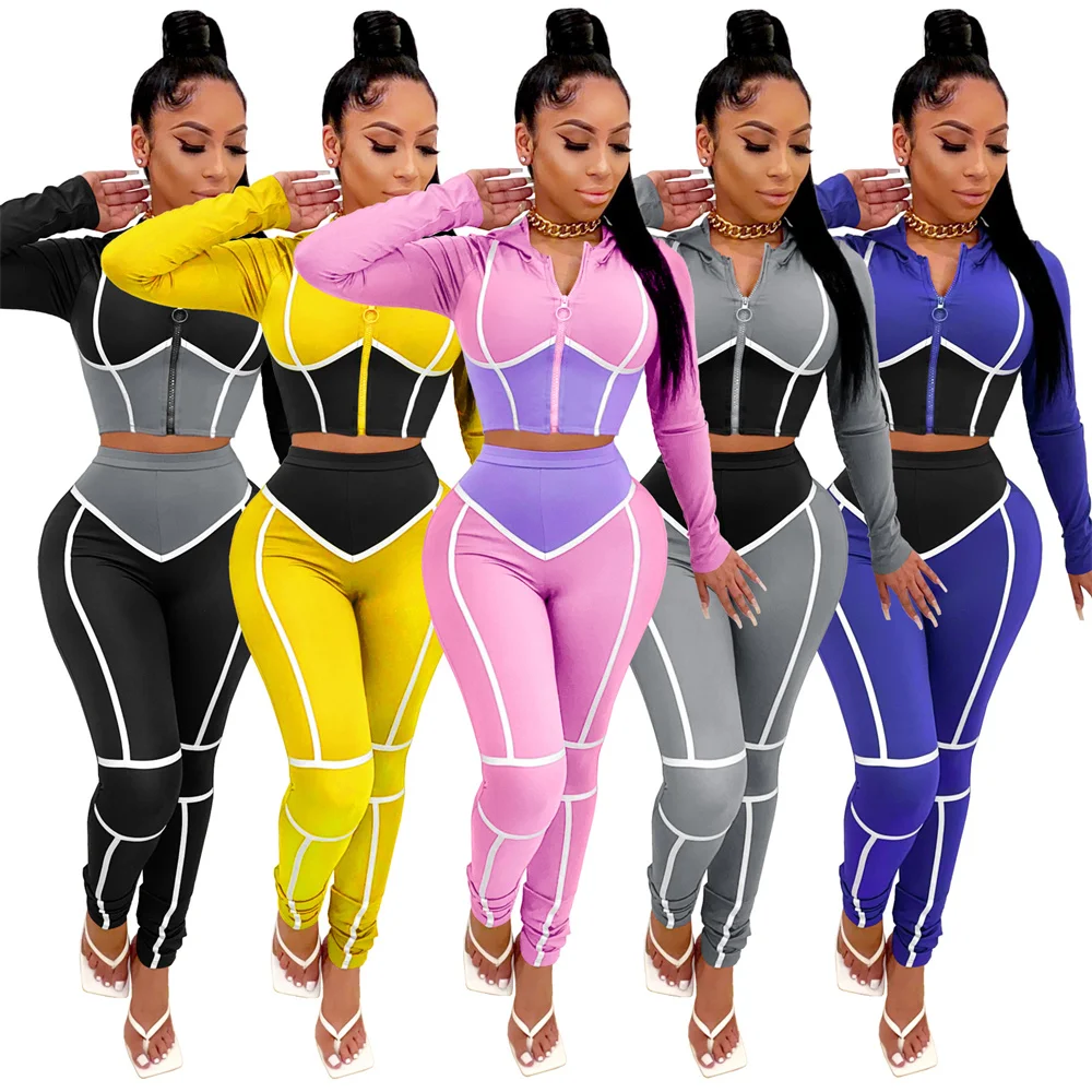 2021 Womens Fall Clothing Contrast Color Long Sleeve Hoodie Crop Top Two 2 Piece Pants Set Women Workout Clothes Tracksuits
