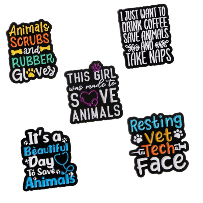Colorful medical phrase veterinary enamel badge save animals treatment tech vet pins