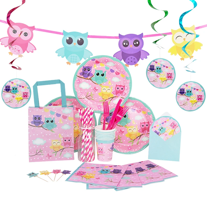 For 8 Guests-Party Supplies Owl Theme Tableware Sets Disposable Paper Plates Cups Napkins Kids Girls Birthday Wholesale