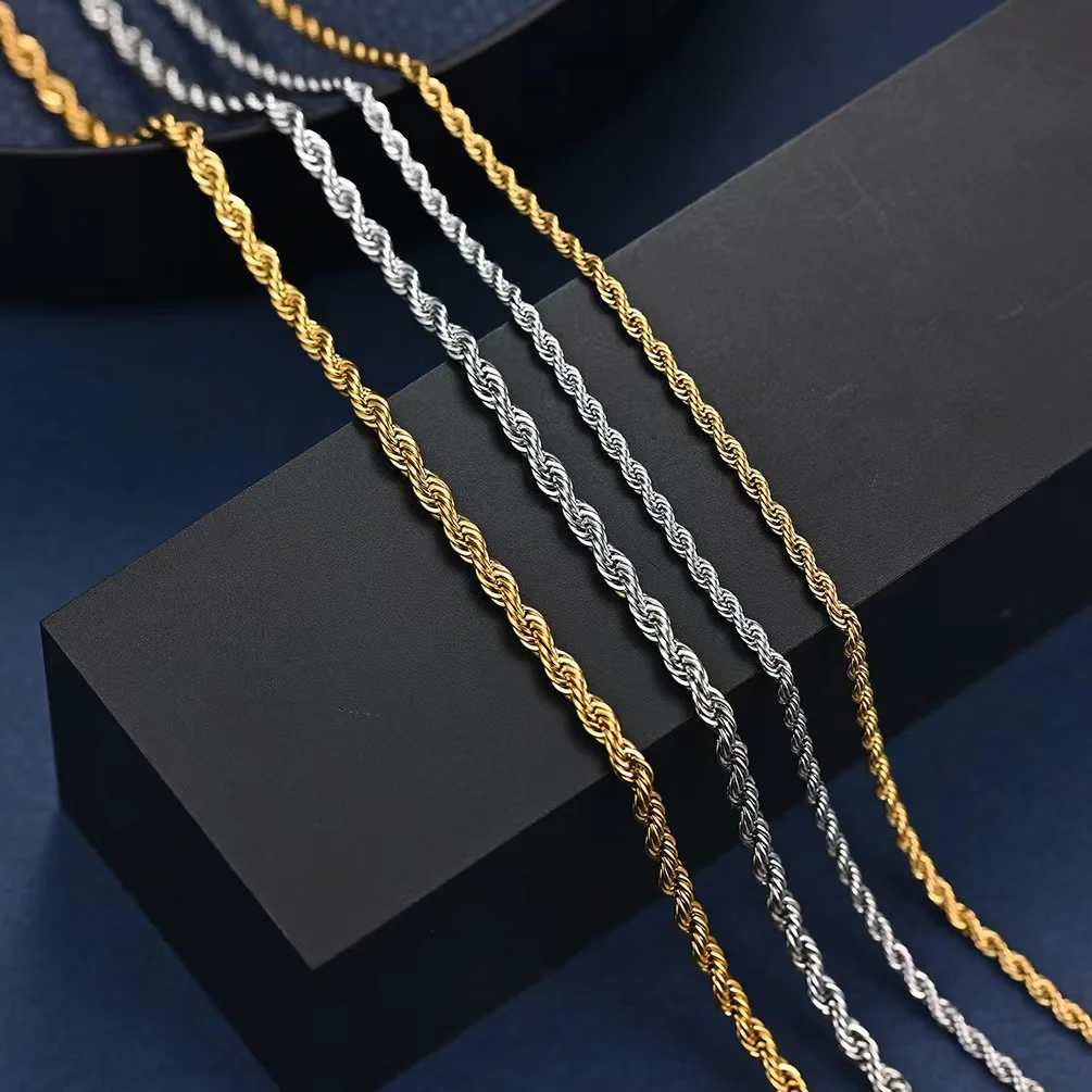 Wholesale 3mm Wide Thick Chain Stainless Steel Heavy Punk Men Women 18K Gold Plated Twisted Rope Chain