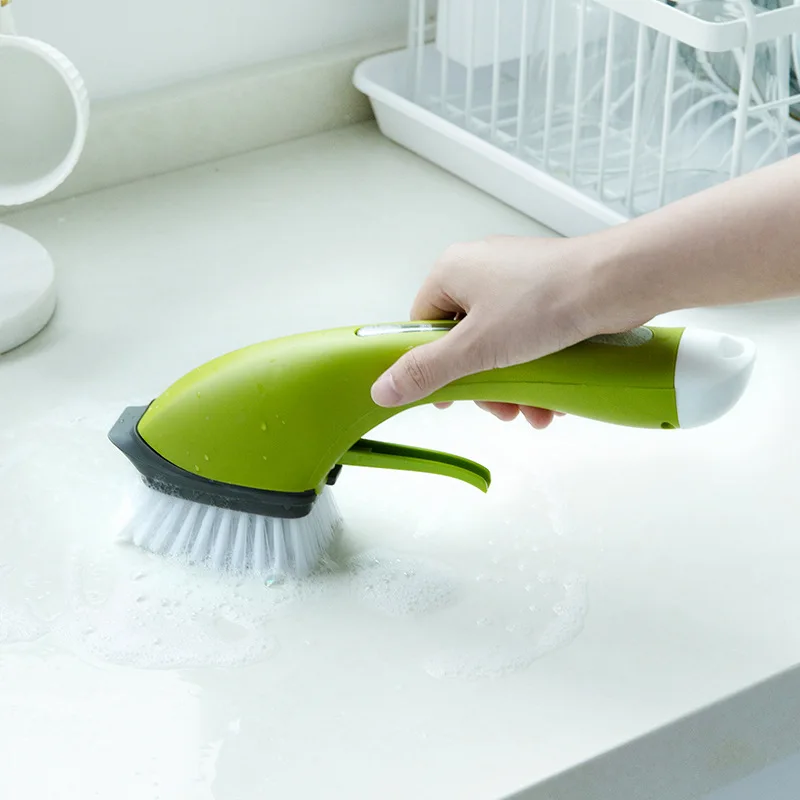 Automatic Liquid Washing Kitchen Cleaning Brush 2 In 1 Long Handle Cleaning with Removable Brush Sponge Dispenser