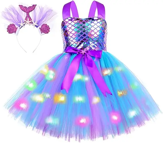 Girls Unicorn Costume LED Light Up Unicorn Dress With Wings Birthday Party Princess Dress for Halloween Party