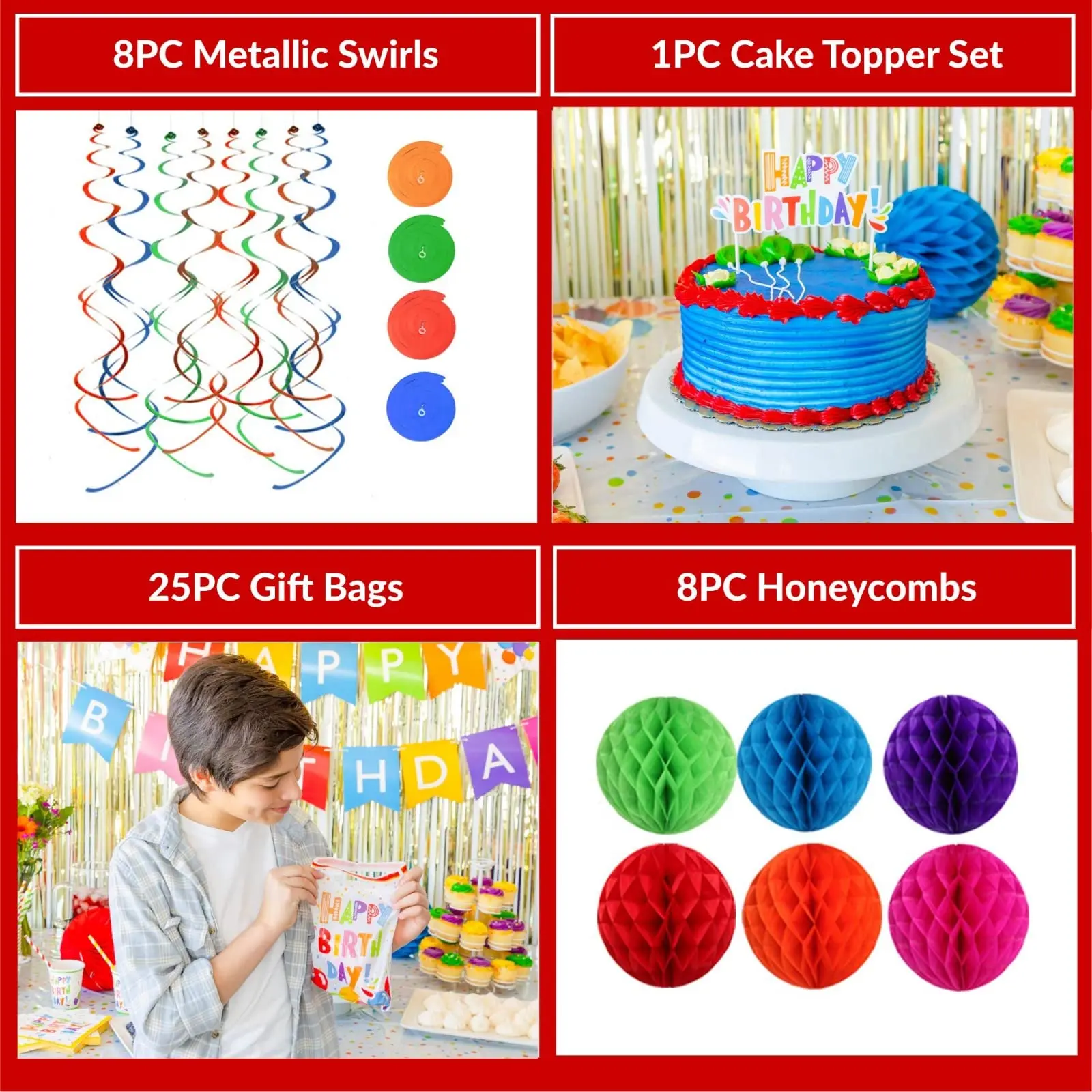 Birthday Party Decorations Banner Balloons Foil Curtains Tablecloth Swirl Honeycomb Cake Topper Plates Cups Napkins Straws