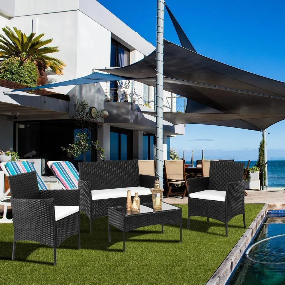 2pcs Arm Chairs 1pc Love Seat & Tempered Glass Coffee Table Rattan Sofa Set Brown