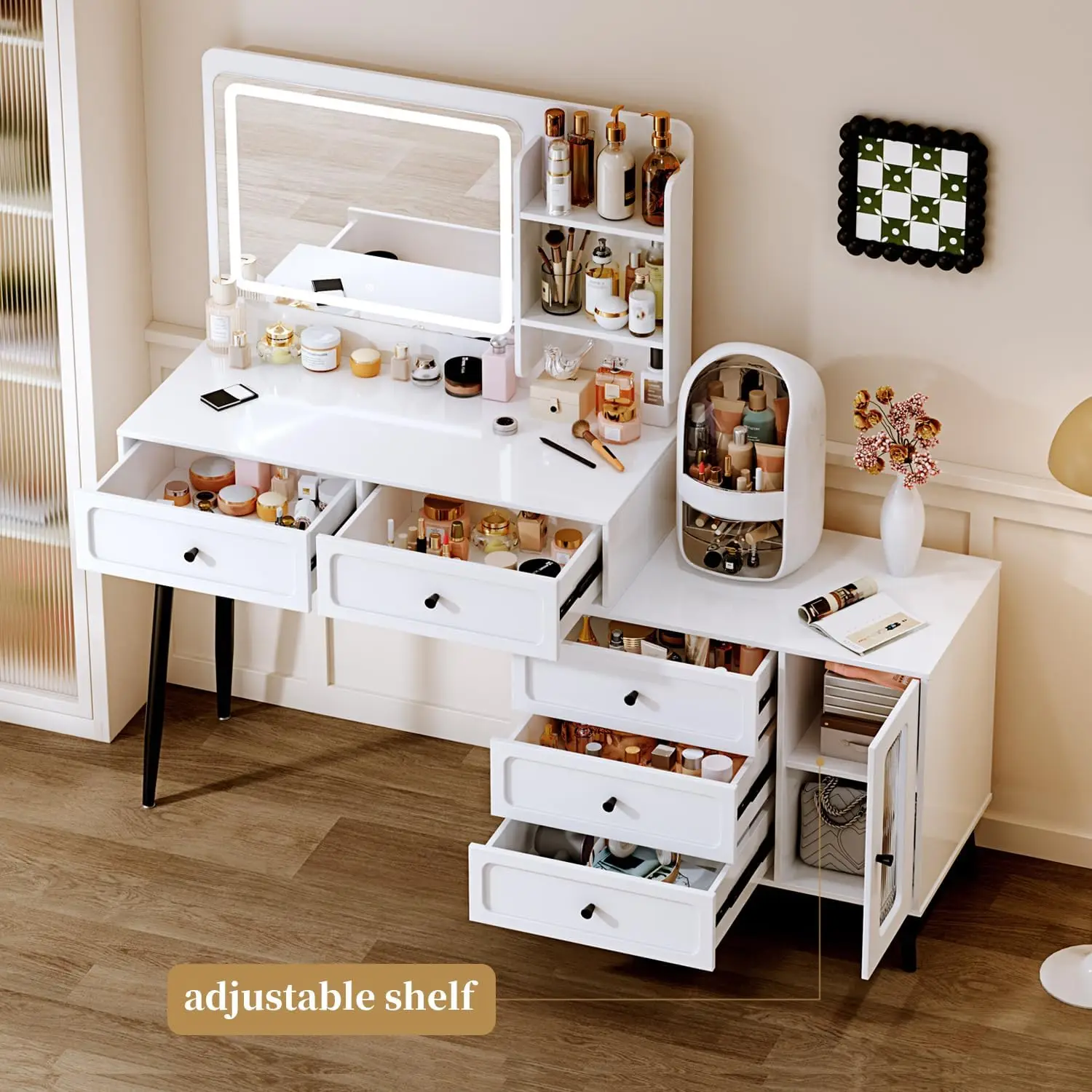 Bedroom furniture modern White Makeup Vanity Desk with Mirror Adjustable Cabinet & Drawers
