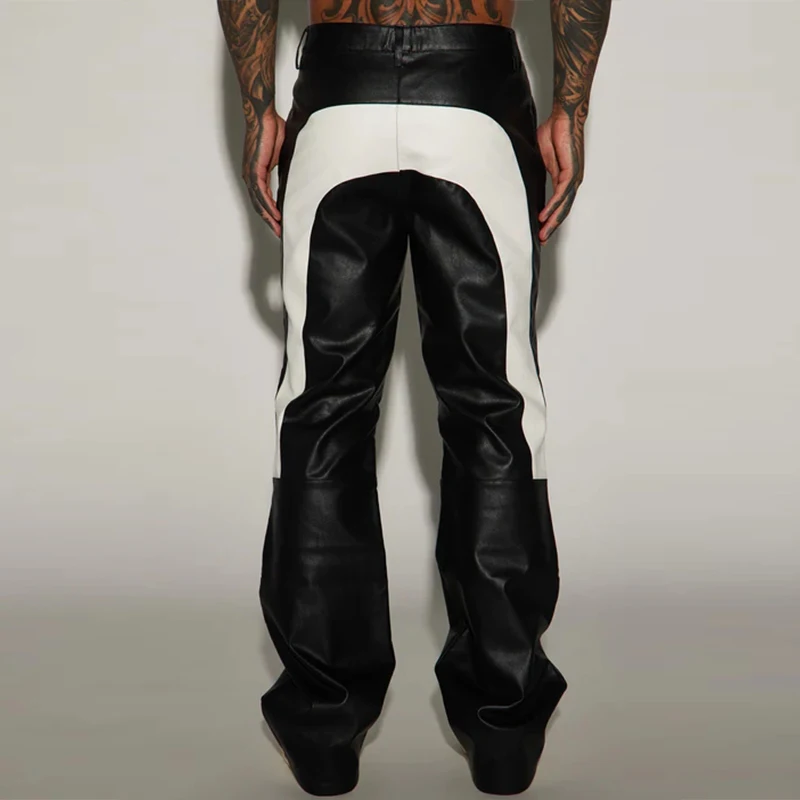 PU Cargo Sweat Pants Hip Hop Pocket  Trousers Sweatpants Color Blocking Faux Leather Moto Stacked Flare Pants Men