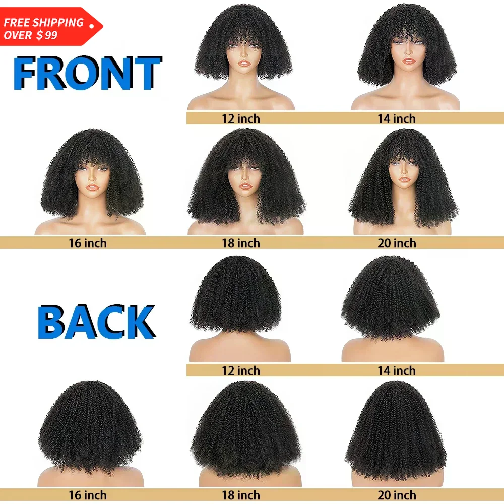 Afro Kinky Curly Brazilian Remy Human Hair Wigs with Bangs 200% Density Full Machine Made Short Wigs