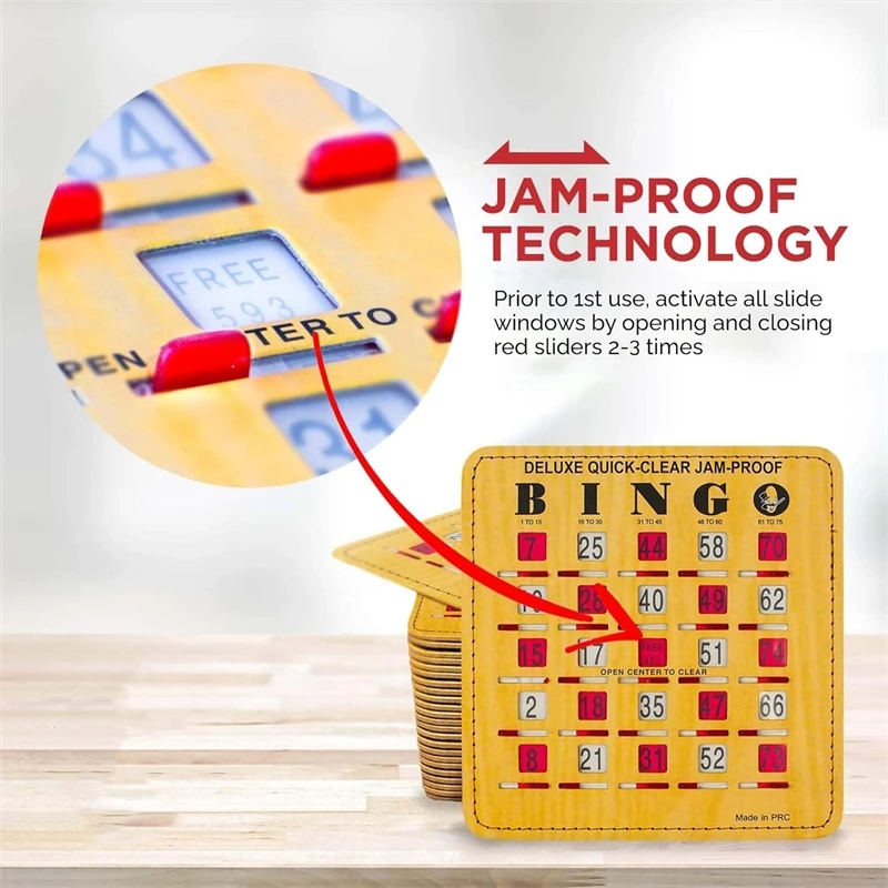 25 Pack in Woodgrain Style Bingo Cards Jam-Proof Quick Clear Deluxe Fingertip Slide Bingo Cards with Sliding Windows