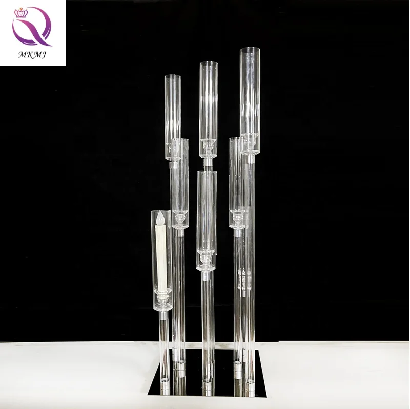Low MOQ can be customized European wedding centerpiece Transparent 9-arm crystal candlestick clear acrylic wedding road guide