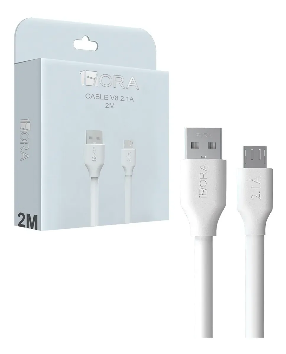 1 HORA cable USB 2.0 cargada rapida 2.1A 2m con entrada de USB V8 para celulares y tabletas