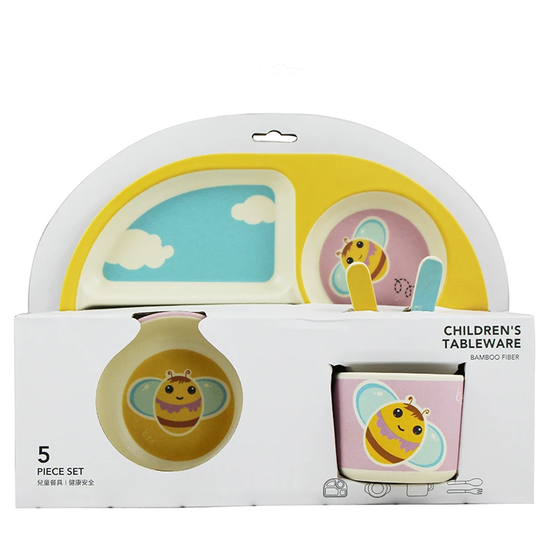 Natural Cute Cartoon Kids Feeding Tableware Children Plate Bowl Cup Bamboo Fiber Baby Dinnerware Set