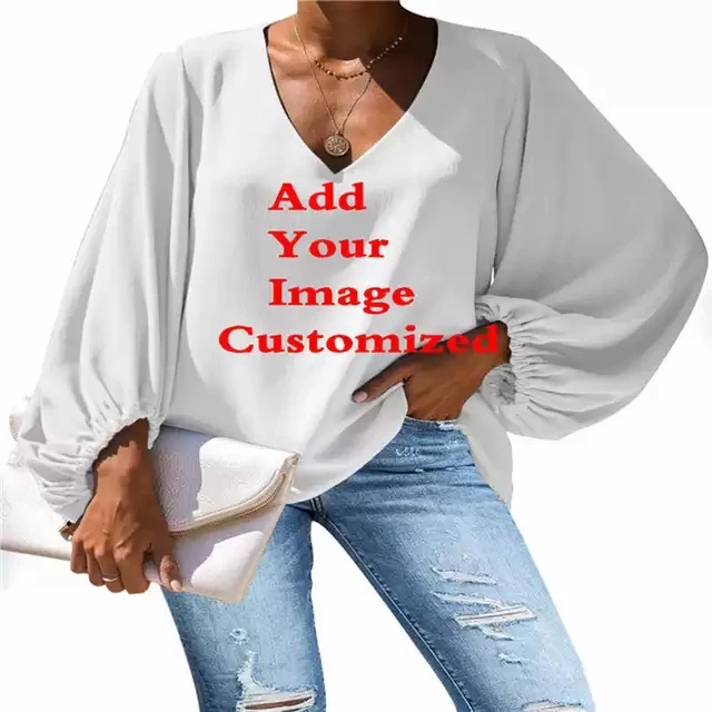Elegant Long Sleeve Blouse For Women Print On Demand V Neck Plus Size Women Clothing Custom Blank Casual Women Tops And Blouses