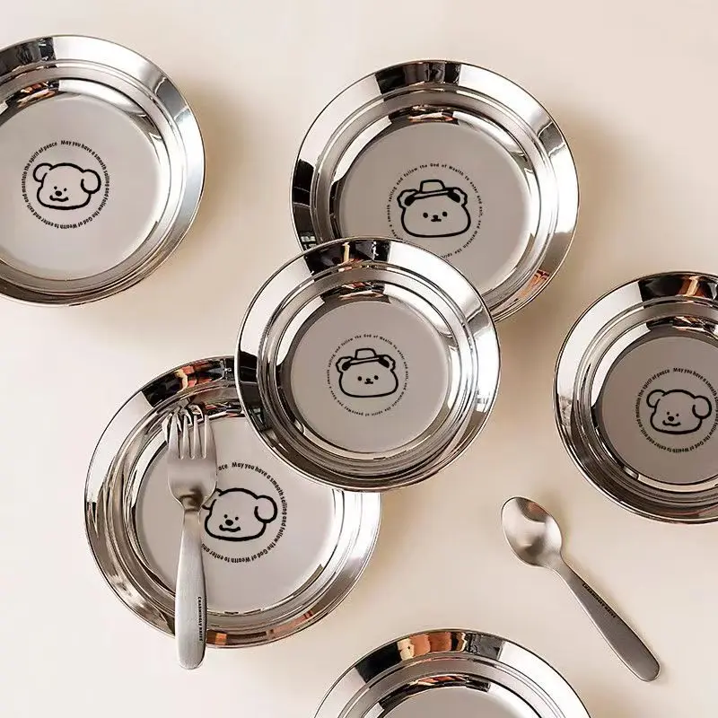 SUS304 Cartoon Printed Pattern Stainless Steel Dishes Candy Cake Snack Tray Round Dining Plate For Kids