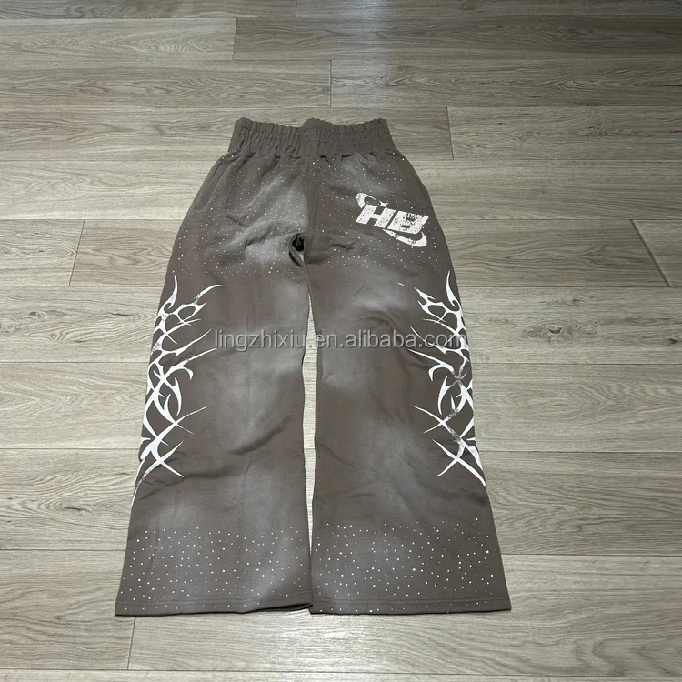 Custom Screen Print Logo Jogger Vintage Acid Wash SunFaded Sweat Wide Leg High Waist Pants Rhinestone Oversized Baggy Sweatpants