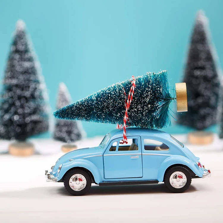 Handmade Winter Snow Ornaments Green Ivory Gold Mini Bottle Brush Christmas Tree Set