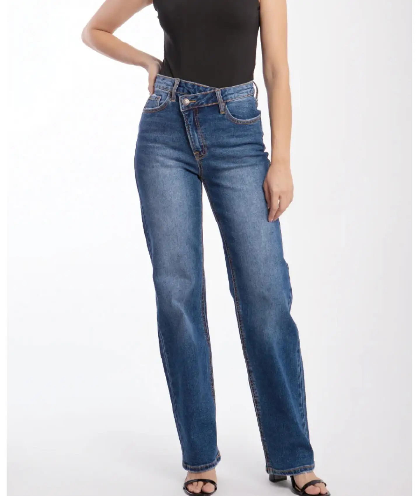 High Quality Stretch Slim High Rise Jeans Ankle Length Classic Denim Blue Wash Shank Button Custom Womens Ladies Jeans Trouser