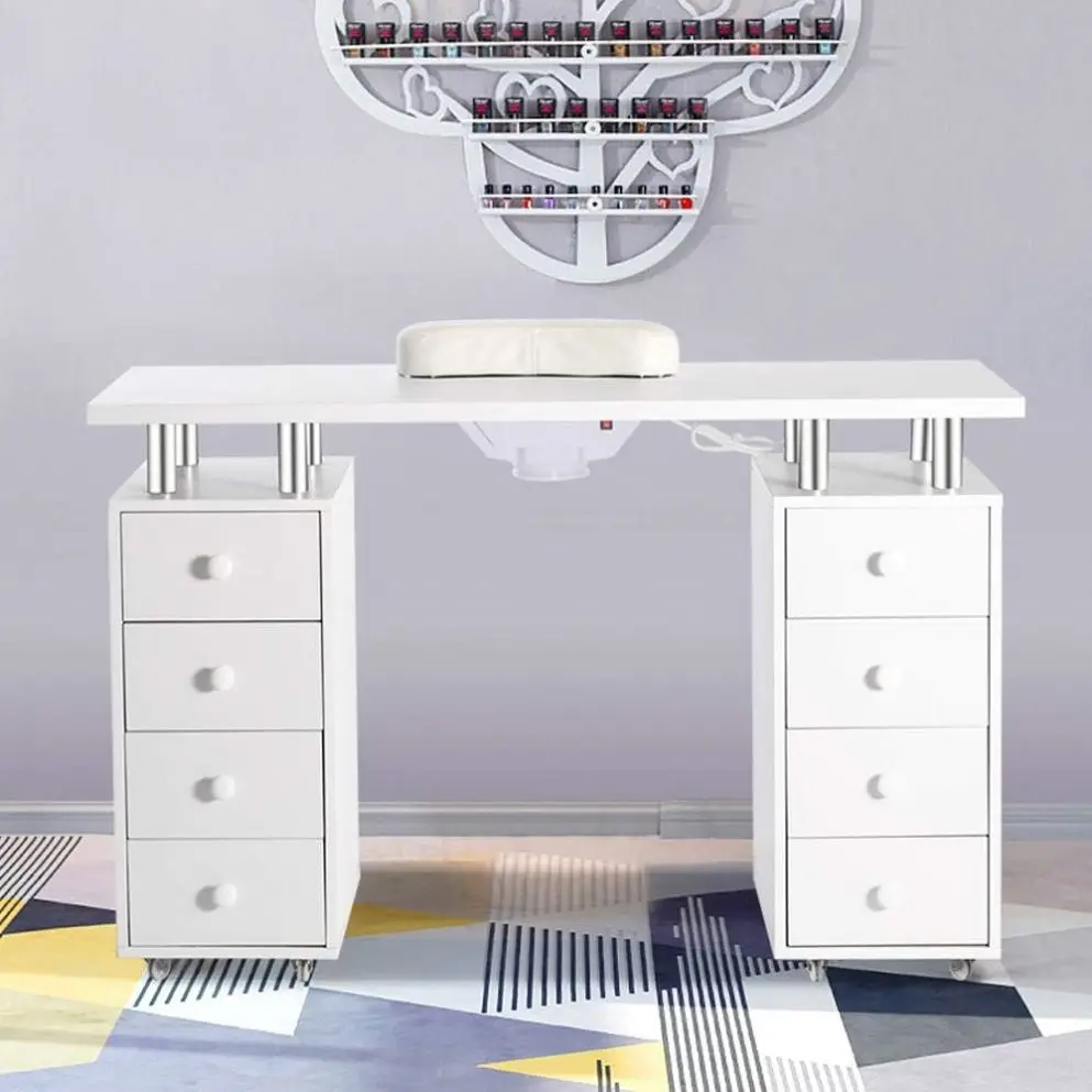 Pink Manicure Table With Drawers, Storage Shelves Beauty Nail Desk With Glass