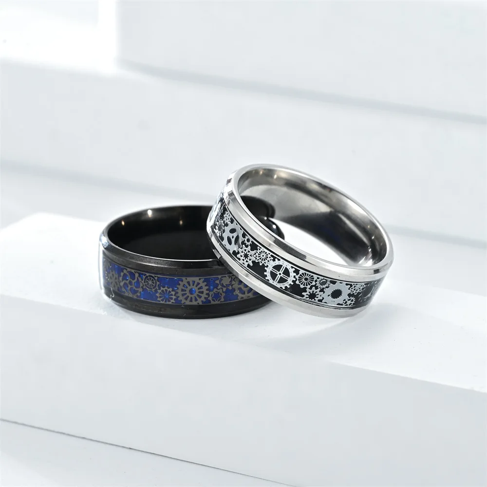 Wholesale Punk 8MM O Shape Rings Silver Black Stainless Steel Multi Color Oil Drip Pattern Gear Finger Rings