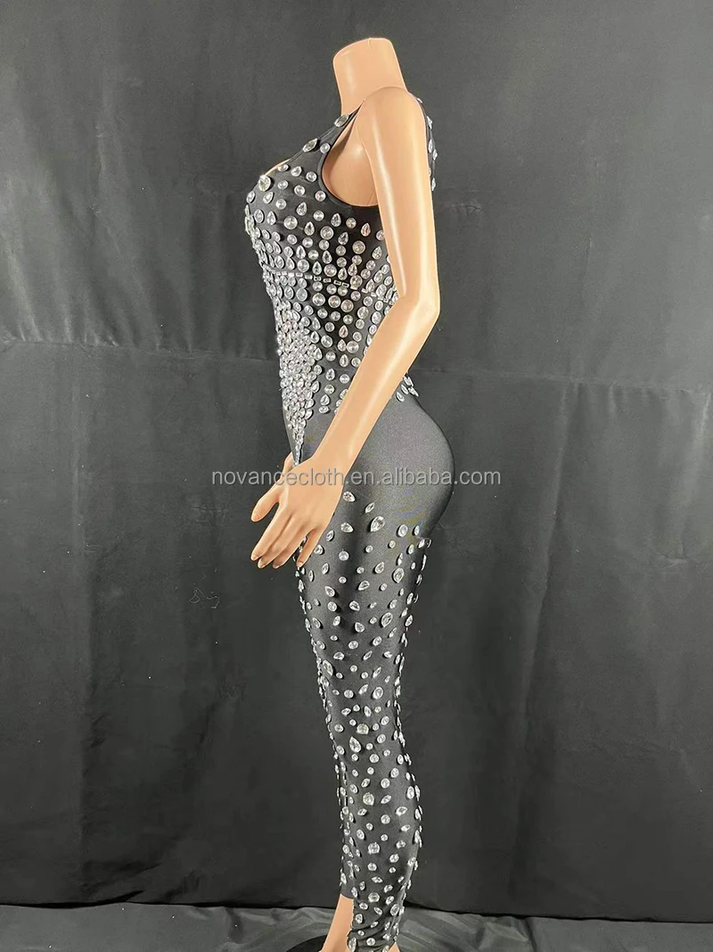 NOVANCE Y2141-B Jumpsuit Women Plus Size Diamond Crystal Bling Bodysuit Black Heel Leggings Square Collars Apparel Womens Wear