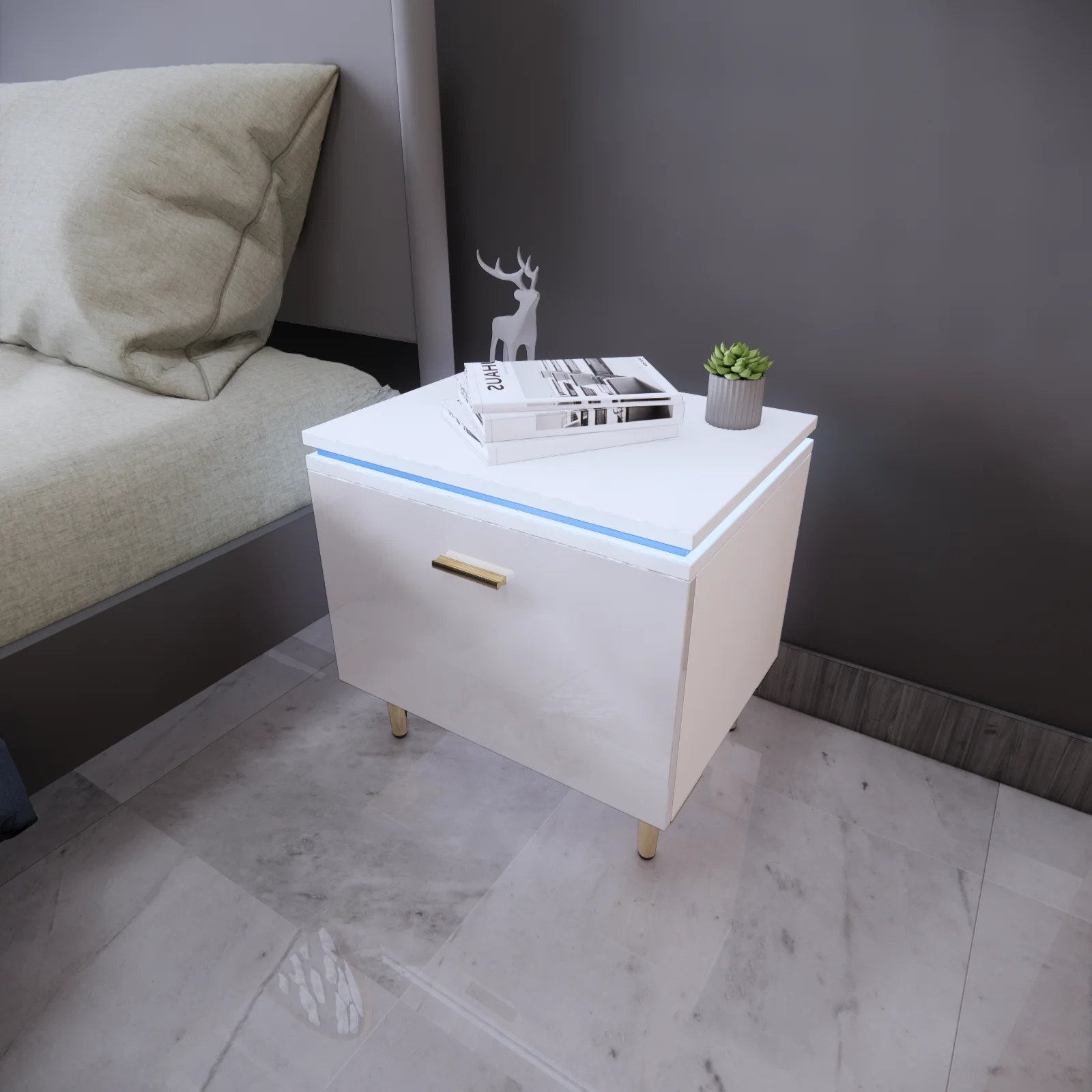 Современный Дизайн Деревянный роскошный стиль белый глянцевый Золотой прикроватный столик с выдвижным ящиком