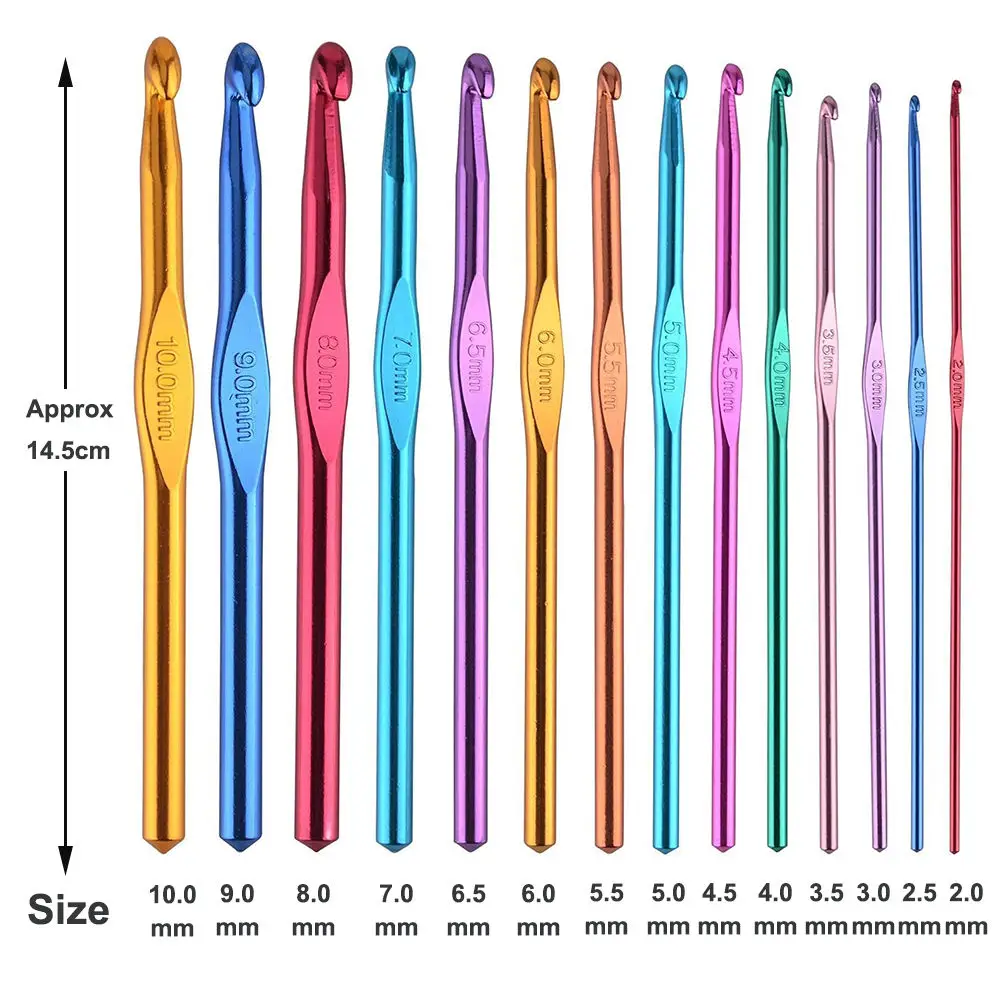 2.0-10.0 mm Colorful Handle Aluminum Crochet Hooks Knitting Needles Set For Craft Yarn Needlework