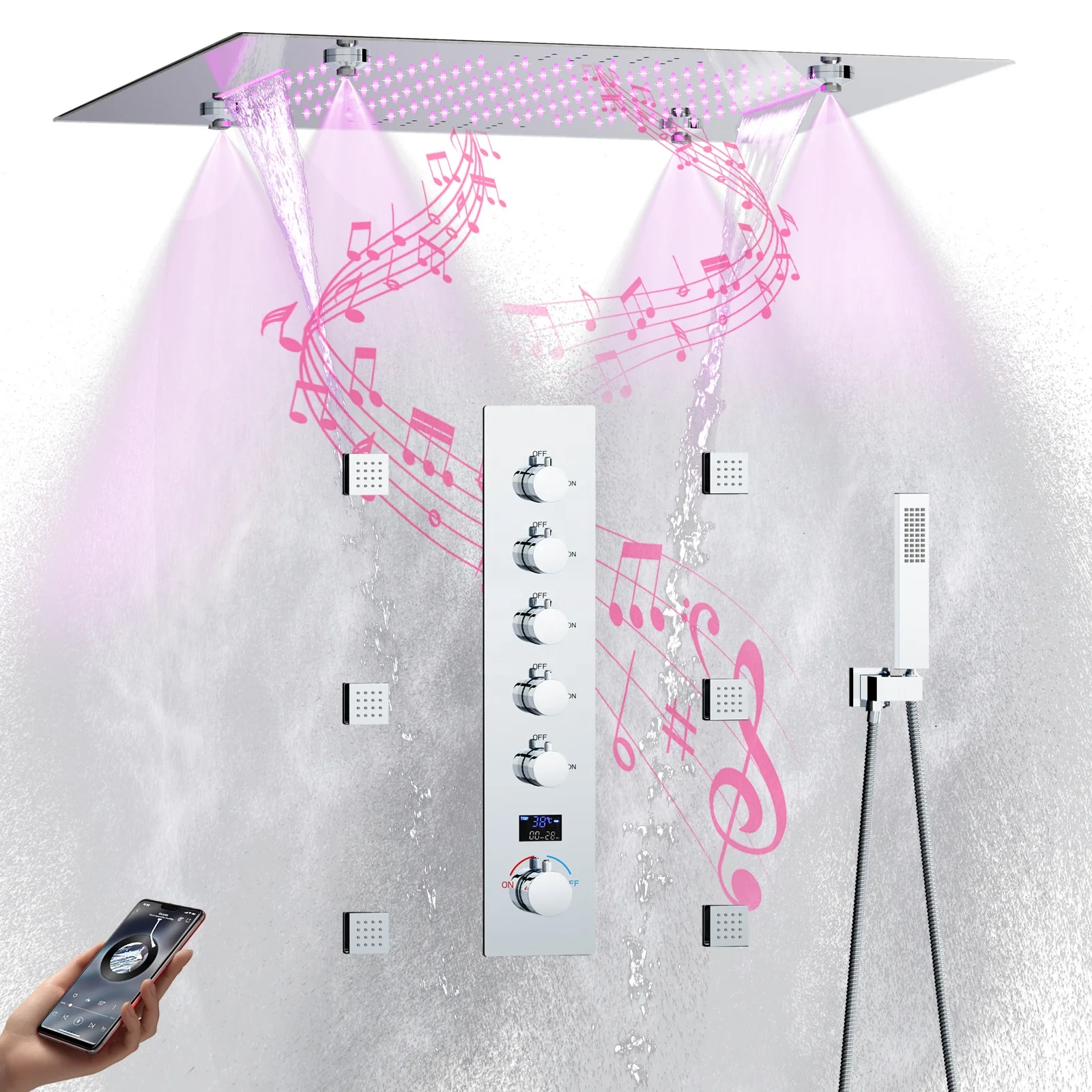 20 inch Music LED Shower Head System Mist Spray Waterfall Rainfall Shower Set Cold and Hot Digital Display Shower Mixer Faucet