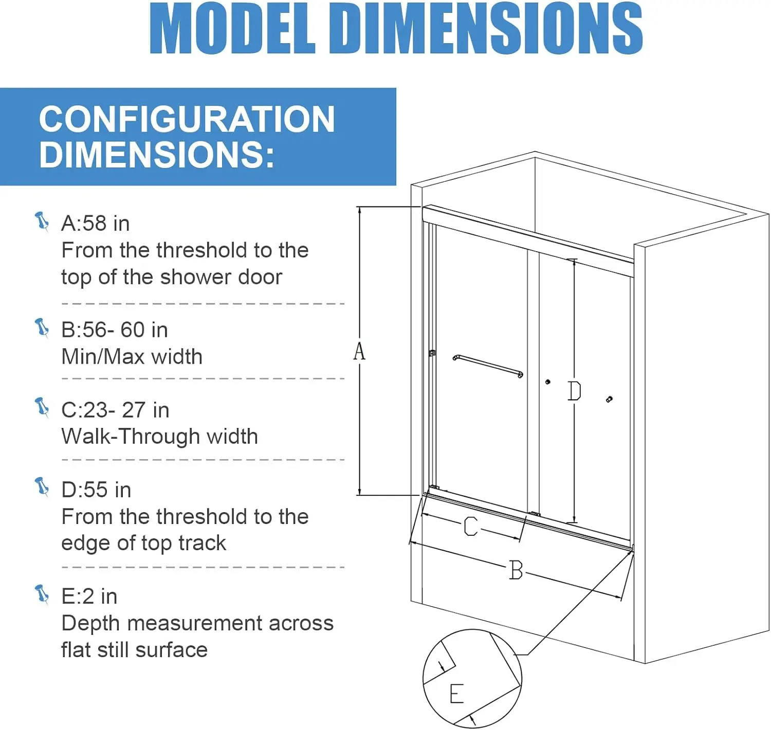Double Sliding Semi Frameless Tub Shower Door with 1/4 Inch (6mm) Thick SGCC Tampered Glass 60W x 58H Bathtub Shower Door