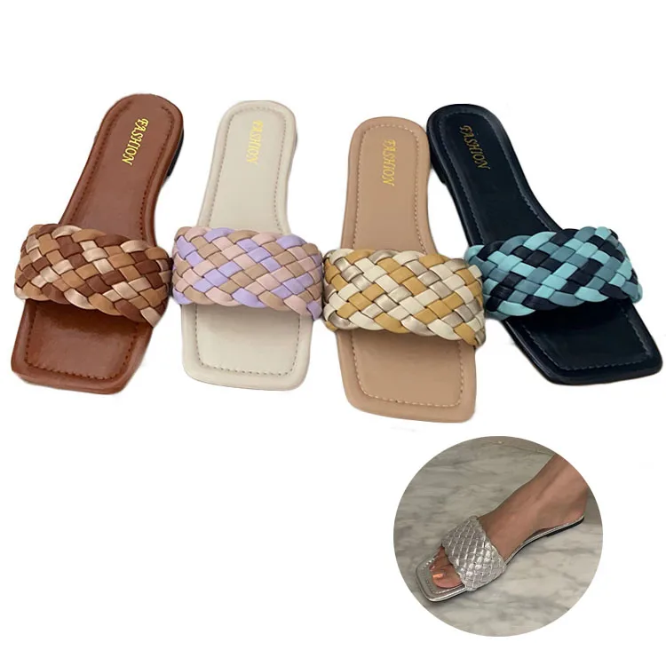 Wholesale flat slippers 1 pair  fancy fashion trending outerwear braided woven casual sandal and flippers