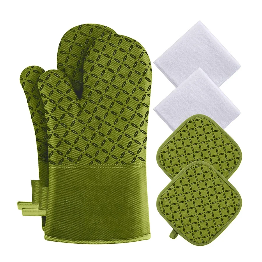 Hot Selling Cotton Lined Padded Mittens Non-Slip Silicone Heat Mats Insulated Oven Gloves High Temperature Baking Oven Gloves