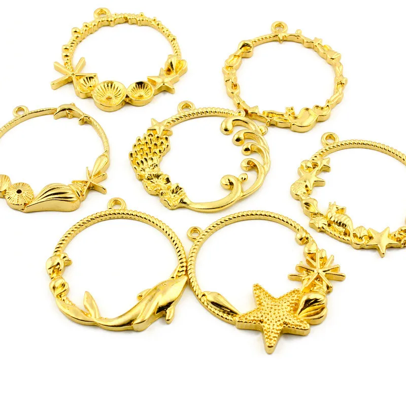 Y6128 UV Resin ocean pattern Charms starfish dolphin Golden Epoxy Resin Open Back Bezel Pendant