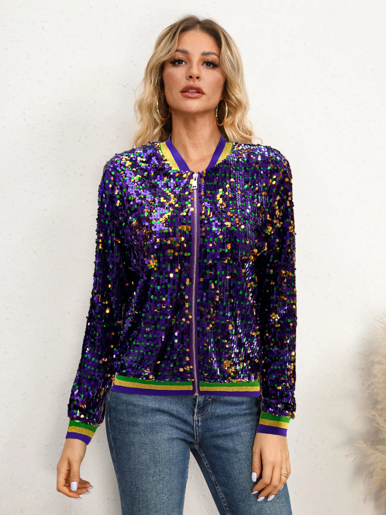Mardi Gras Womens Sequin Jacket Long Sleeve Zipper Coats Shiny Glitter Sparkly Bomber Jackets Fahion 2025 Clothes Clubwear