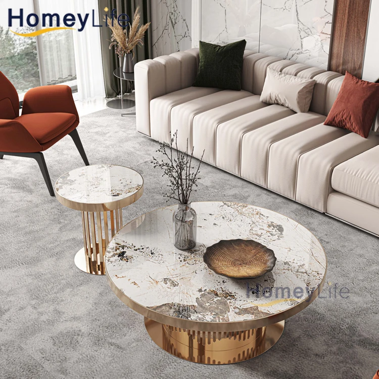 Modern Living Room White Round Marble Coffee Table Set Gold Metal Luxury Center Table For The Living Room