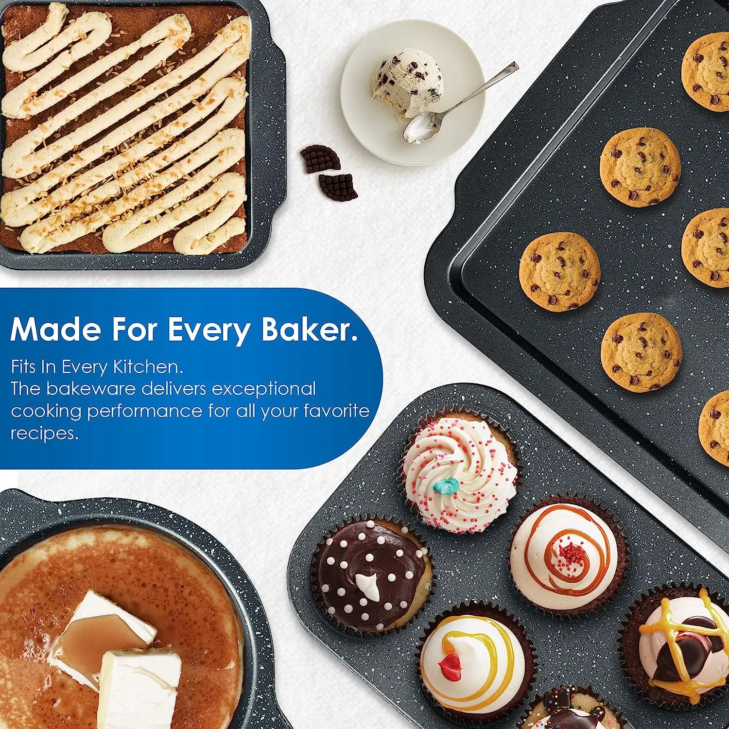 Nonstick Baking Pans Set - 7 PCS Bakeware Sets Marble coating Baking Sheets For Oven Baking Set w/widened handle