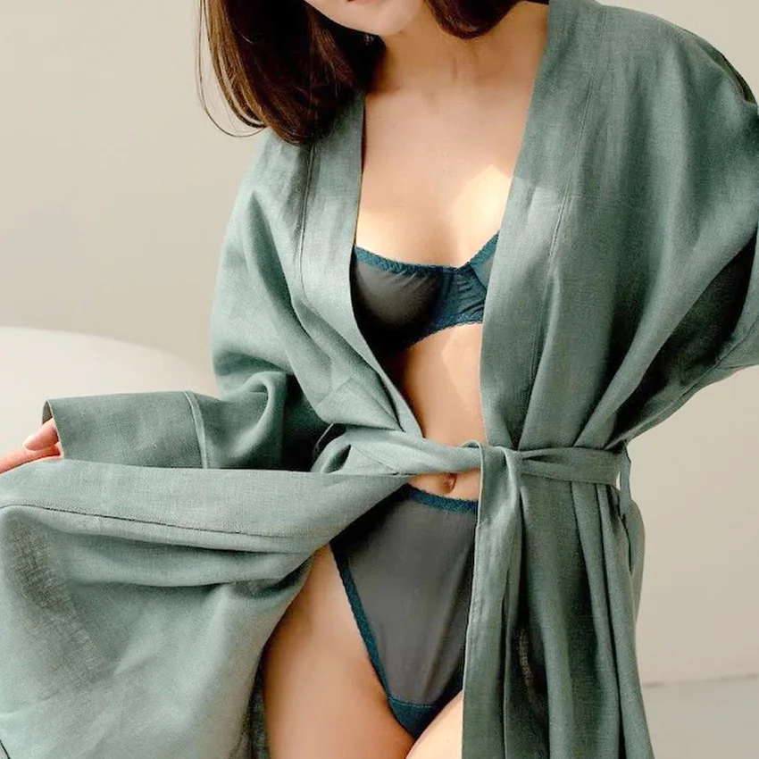 High Quality Comfortable Cotton Bathrobes Lounge Wear Flax Long Sleeve Soft Bamboo Green Kimono Robes