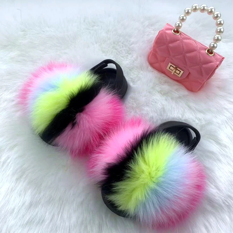 2022 Designer Custom Wholesale Winter Luxury Fluffy colorful Baby Girl Wool Toddler Rainbow Flat Fur Slides With Purse Set Kids