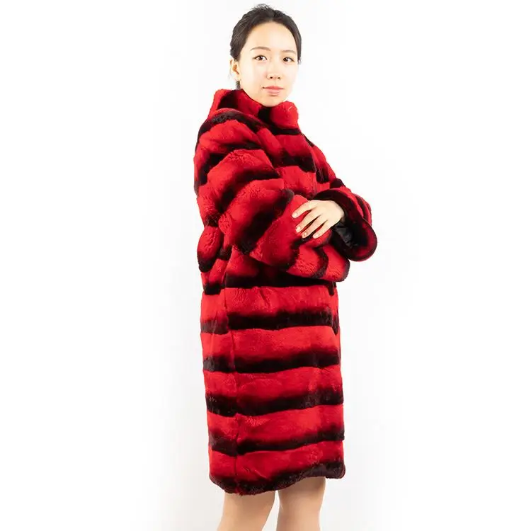 DH IATOYW hot style red color stand collar fur overcoat 90cm long winter warm women rex rabbit fur coat