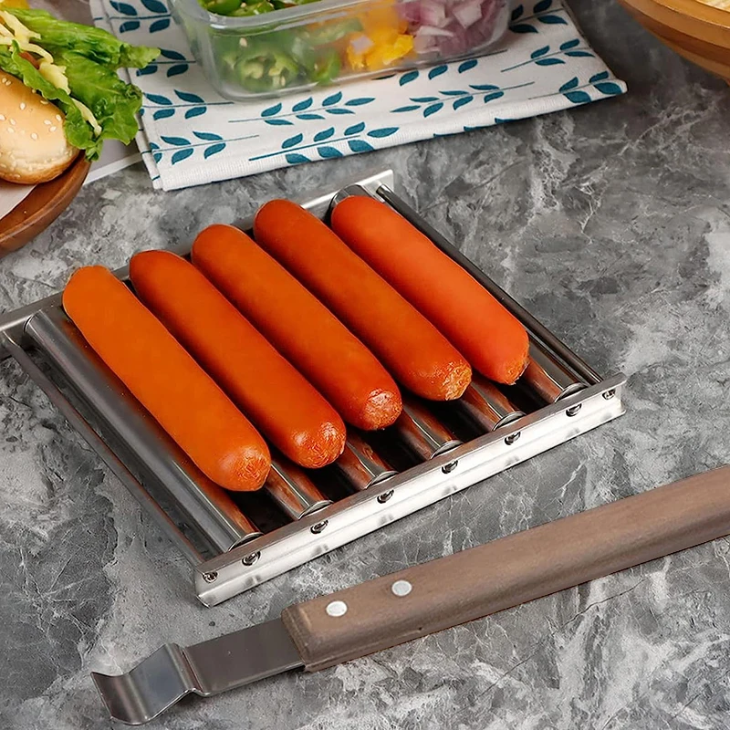 BBQ tool 6 section brat griller Metal Spatula with long wooden handle sausage roller rack stainless steel hot dog grill roller
