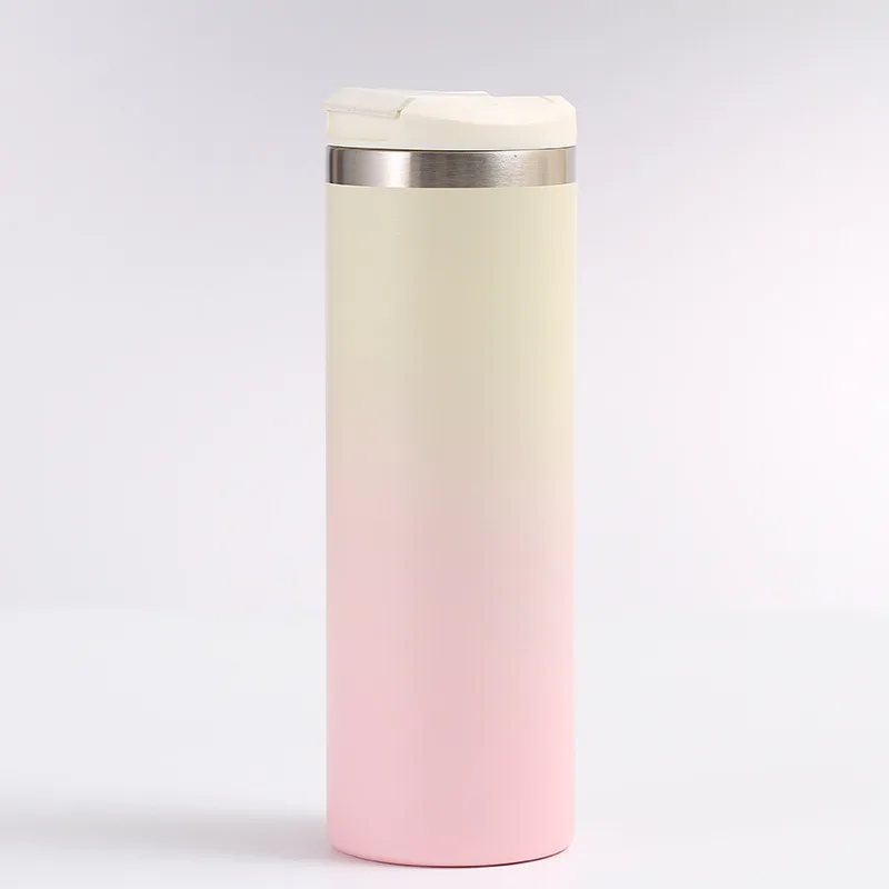 Best-selling 500ml new  304 stainless steel insulated gradient color straight cup travel car vacuum water bottle with flip cover