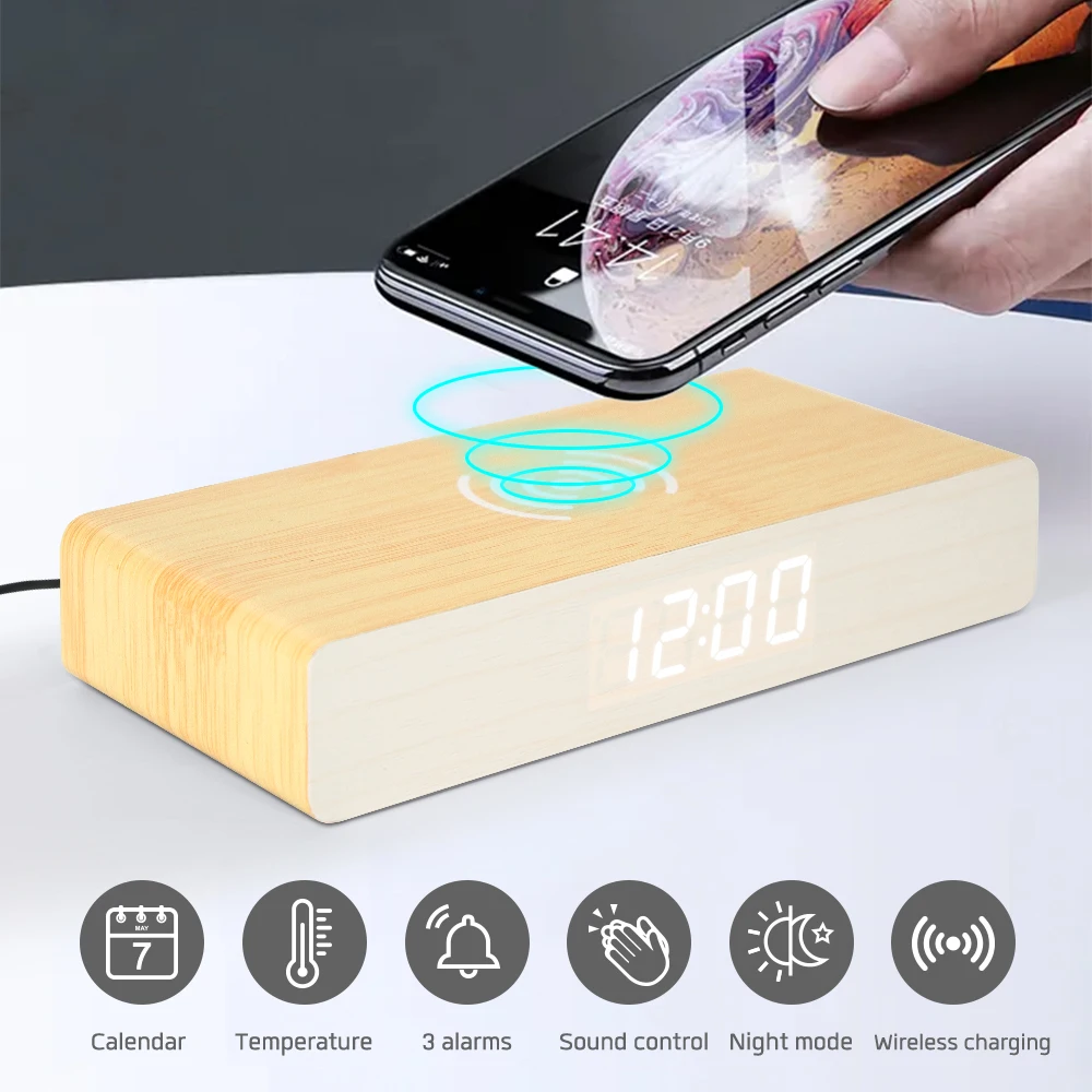 Wooden Wireless Wood Charging Alarm Led Qi Fast Charge Phone Charger Clock