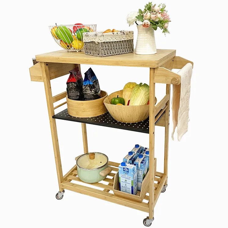 GOURMAID Bamboo Kitchen Island Trolley Cart Serving Utility Rolling Cart