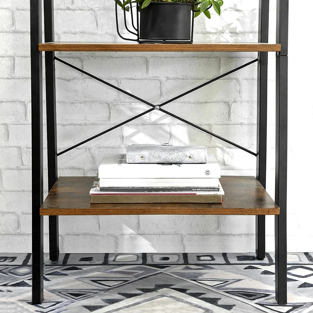 Wood Black 4-Tier Bookshelf Storage Rack Bookcase Ladder Shelf with Steel Frame