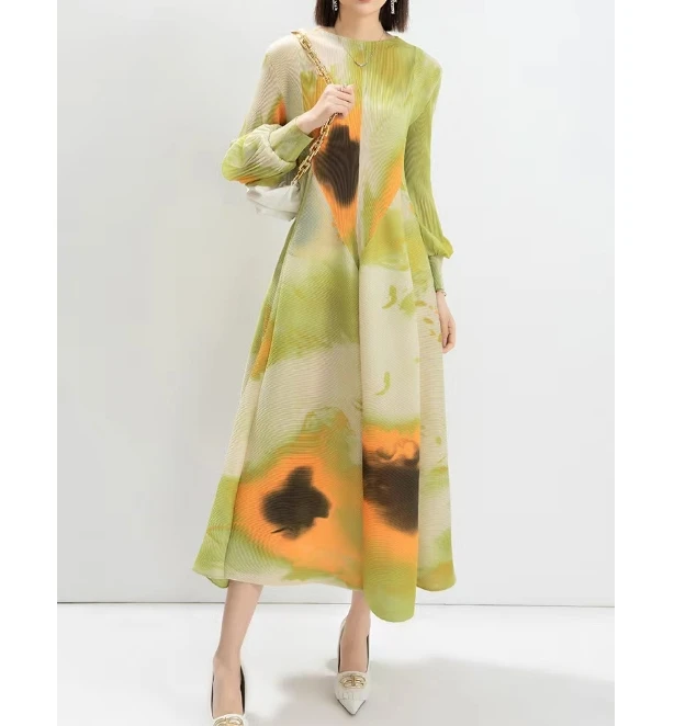 Sheen High Quality Ladies Fashion Print Pleated Plus Size Lady Casual Dresses Miyake African Designs in Chiffon Women Long Dress