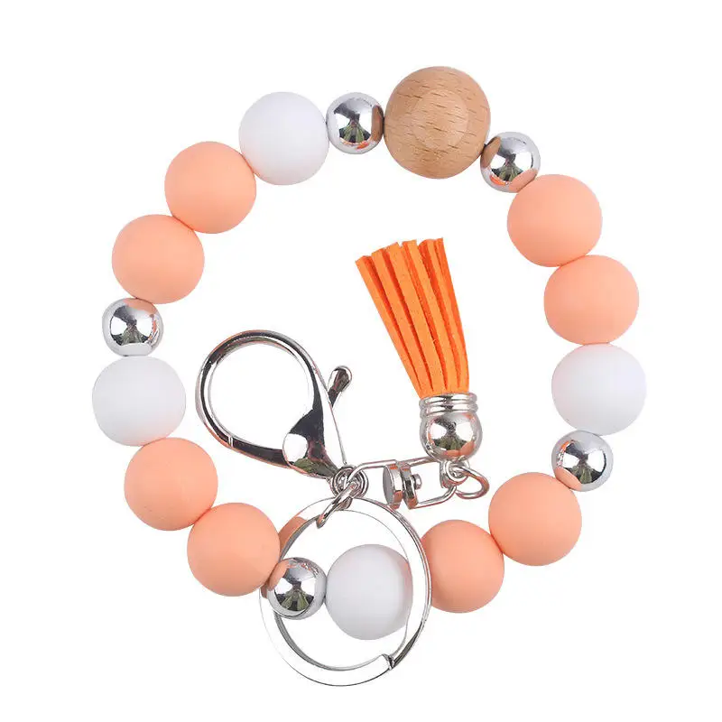 Hot Sale Silicone Wrist Bangle Keyring Gold Clasps Women Round Wooden Beads Accept Customized Silicone Beads Wristlet Keychain