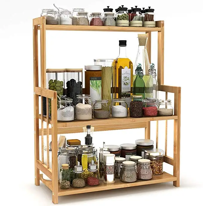 Wholesale High Quality Seasoning Storage Shelf 3 Tier Free Standing Wall Mounted Bamboo Kitchen Jar Spice Rack Organiser