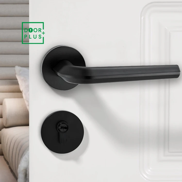 Doorplus European Matte Black Door Handle Lock Zinc Alloy Lever Handle For Wooden Door Modern Black Door Handles Lock Set