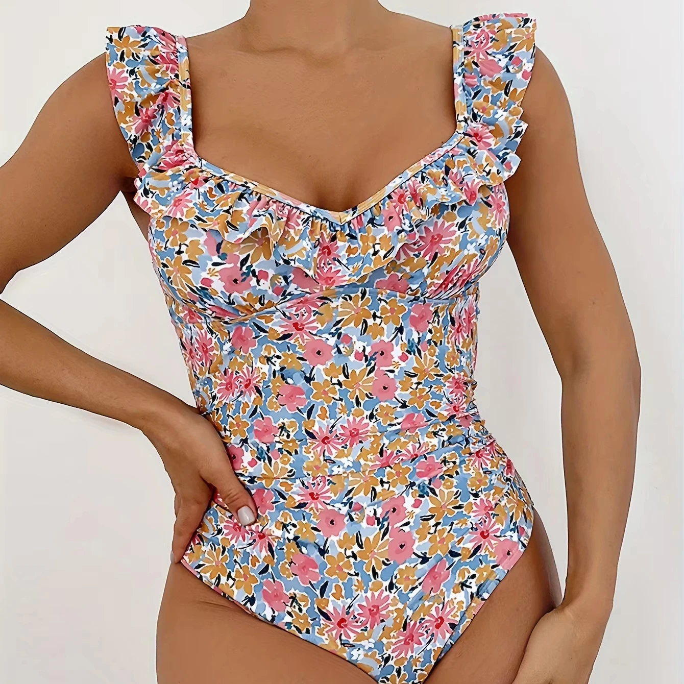 Женский треугольный слитный купальник с цветочным принтом