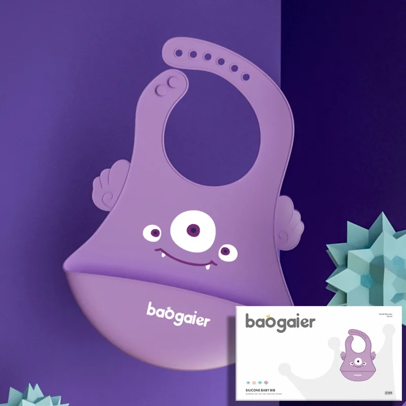 
BPA free organic silicone bibs with gift box packaging bib cartoon monster feeding silicone bowl bib with wings 